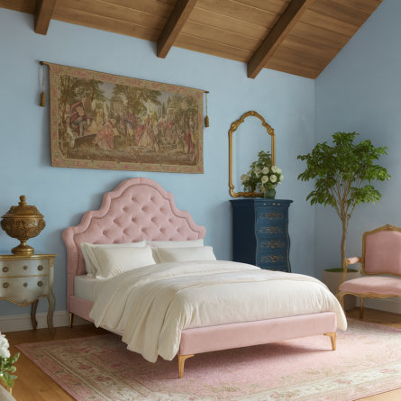 Regency-style bedroom featuring a pink tufted velvet bed, blue walls, exposed wood ceiling beams, an ornate tapestry, a gold-framed mirror, a blue and gold painted chest, and antique gold furniture accents