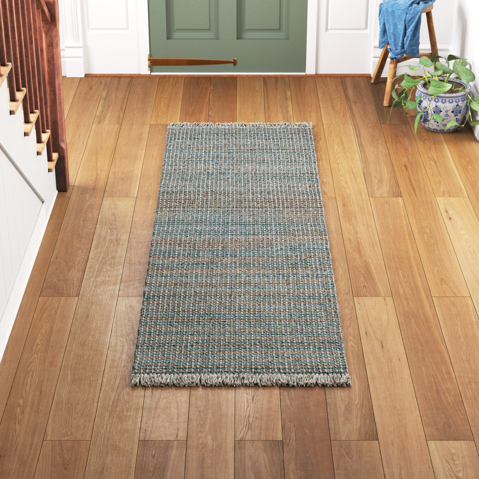 Viewcrest Hand-Woven Aqua Geometric Rug, Runner 2'6" x 8'