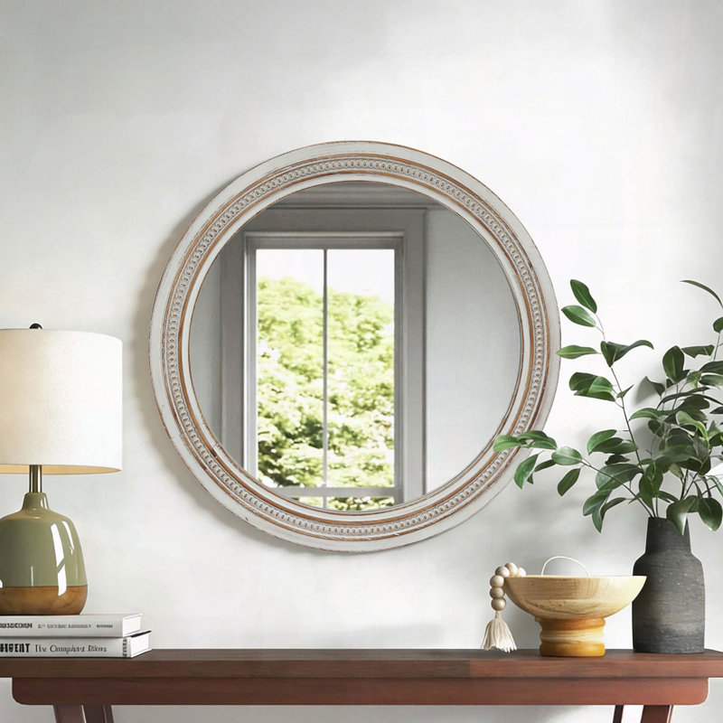 Miroir mural rétro Vintage - 23,62 po, cadre blanc vieilli avec bordure ornée de perles
