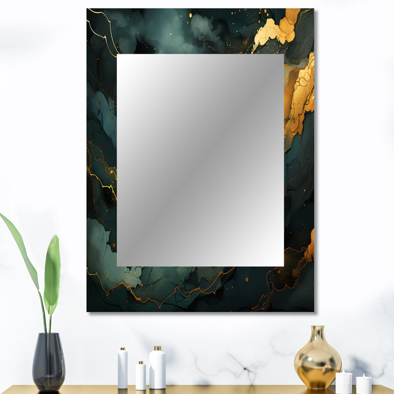 Gold and Green Abstract marble Aura III - Marble Mirror, Modern Unique Wall Mirror, Printed Metal Art, 40" x 30"