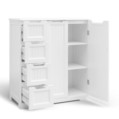 Meuble de rangement de style champêtre de 80 cm de large avec 4 tiroirs, 2 portes et étagères, blanc, autoportant, pour salle de bain, cuisine et buanderie.