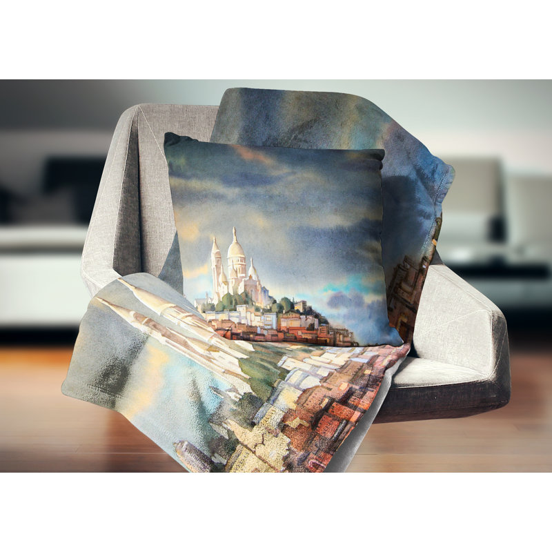 Coussin d’horizon montmartre painting aquarelle, 18 po x 18 po, Coussin décoratif