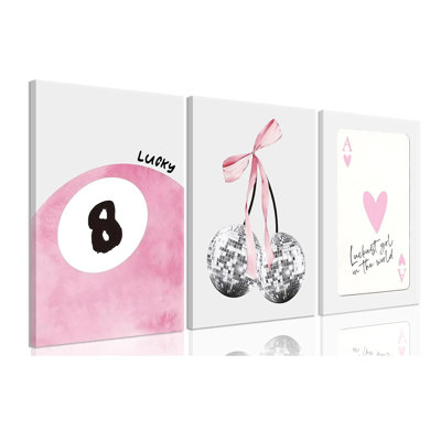 Ensemble de 3 reproductions murales roses sur toile, ensemble de 3 affiches décoratives de style bon chic bon genre, disco, 8 boules et cerises
