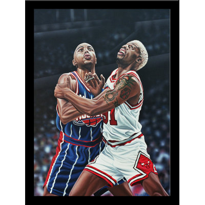 «Dennis Rodman and Charles Barkley Bataille pour un rebond», affiche par Darryl Vlasak, souvenirs encadrés