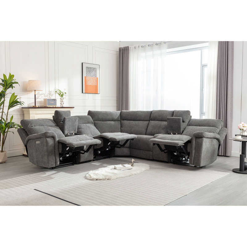 Canapé modulaire inclinable électrique 7 pièces avec support lombaire et appui-tête réglables, Mélange de polyester gris