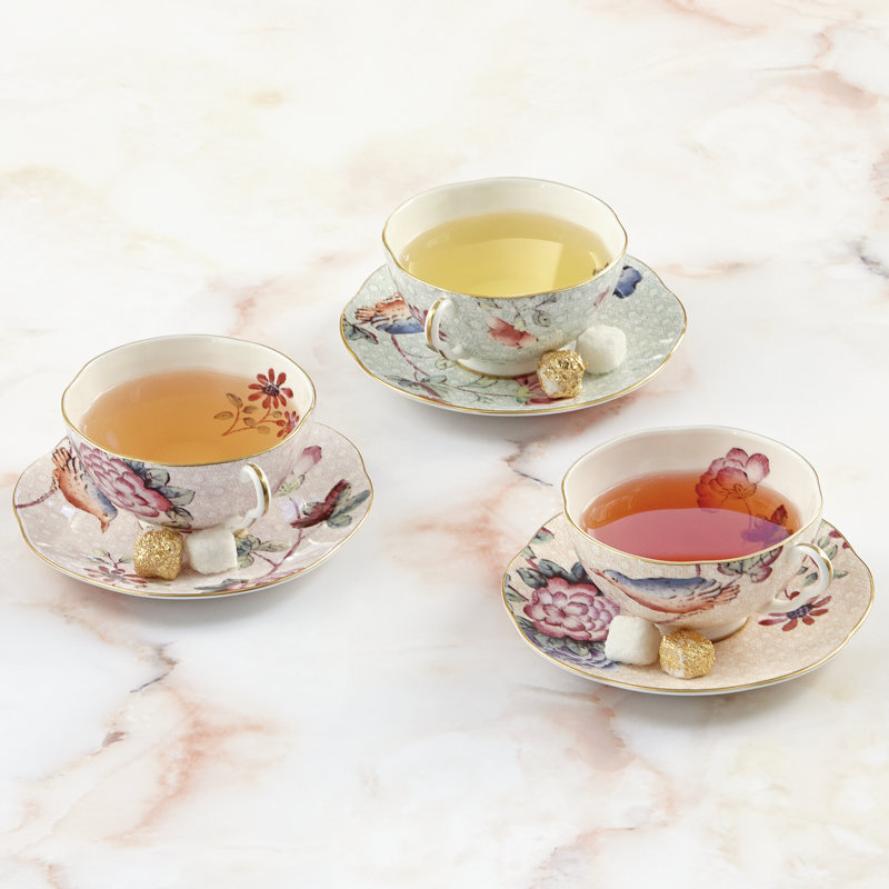 Pink Floral Bone China Teacup and Saucer with Gold Trim