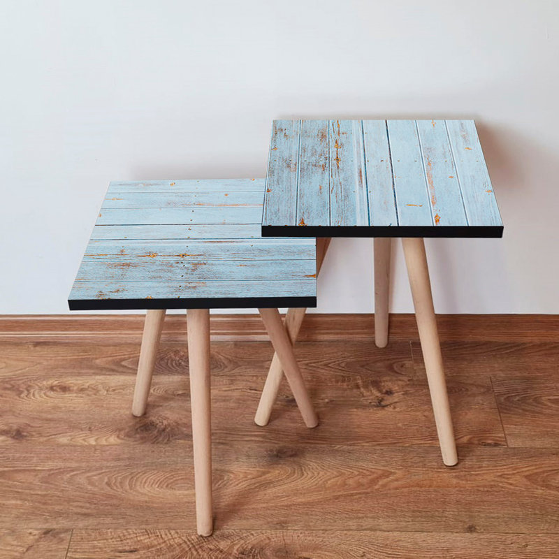 Modern Nesting Table Set (2 Pieces), Blue MDF with Beech Wood Legs, Larger Table: 13.8 x 18.5 x 13.8 inches, Smaller Table: 13.8 x 16.5 x 13.8 inches | Stylish Geometric Design for Living Room & Office