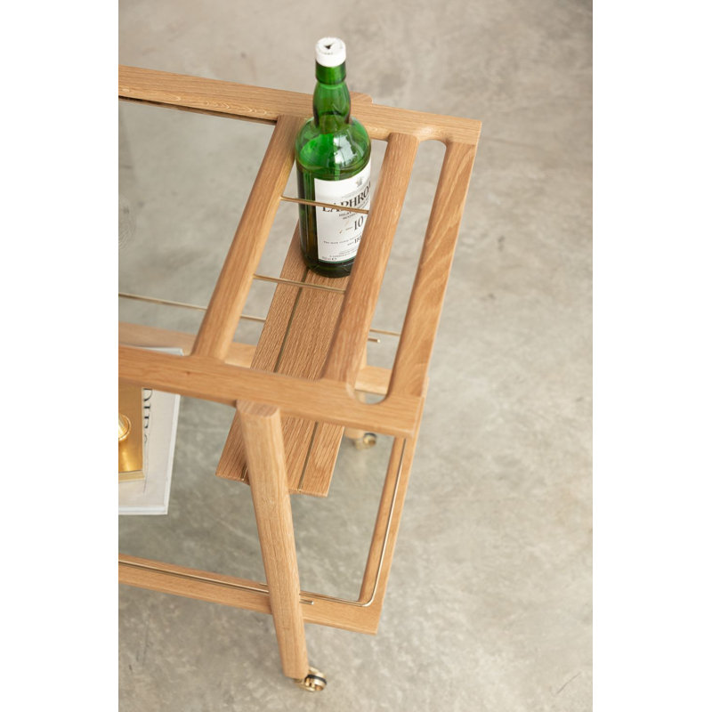 Solid Wood Bar Cart with Wheels, White Oak/Brass