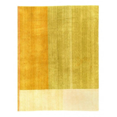 Tapis rayé jaune / ivoire en laine et en coton noué à la main 6 pi 11 po x 8 pi 11 po