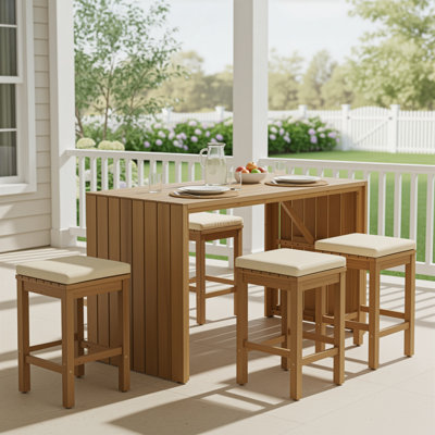 5 Piece Outdoor dining Sets, Patio Acacia Wood Table & Four Stools with Cushions by Red Barrel Studio