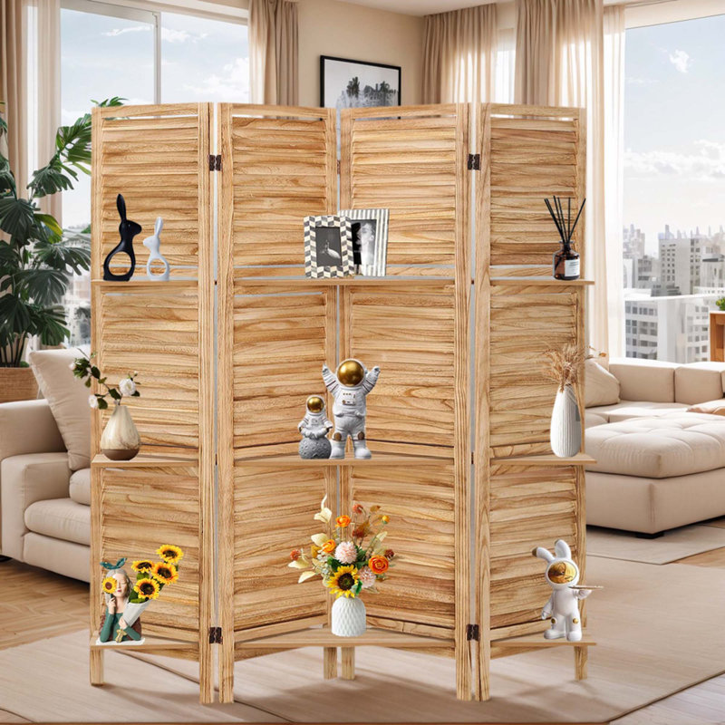 Paravents pliables en bois à 4 panneaux avec tablettes, Naturel