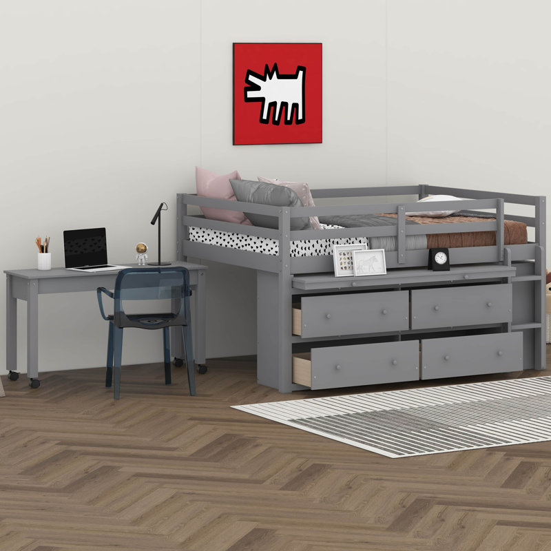 Ilakkiya Loft Bed with Retractable Writing Desk and 4 Drawers, Full / Double, Gray