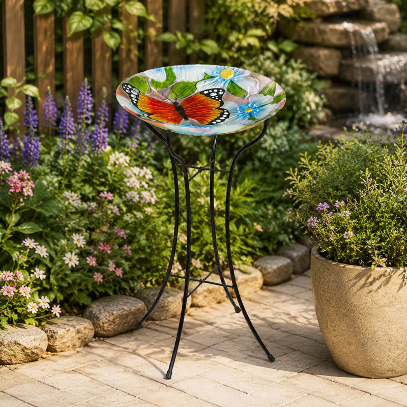 Baignoire d'oiseaux en verre avec support en métal