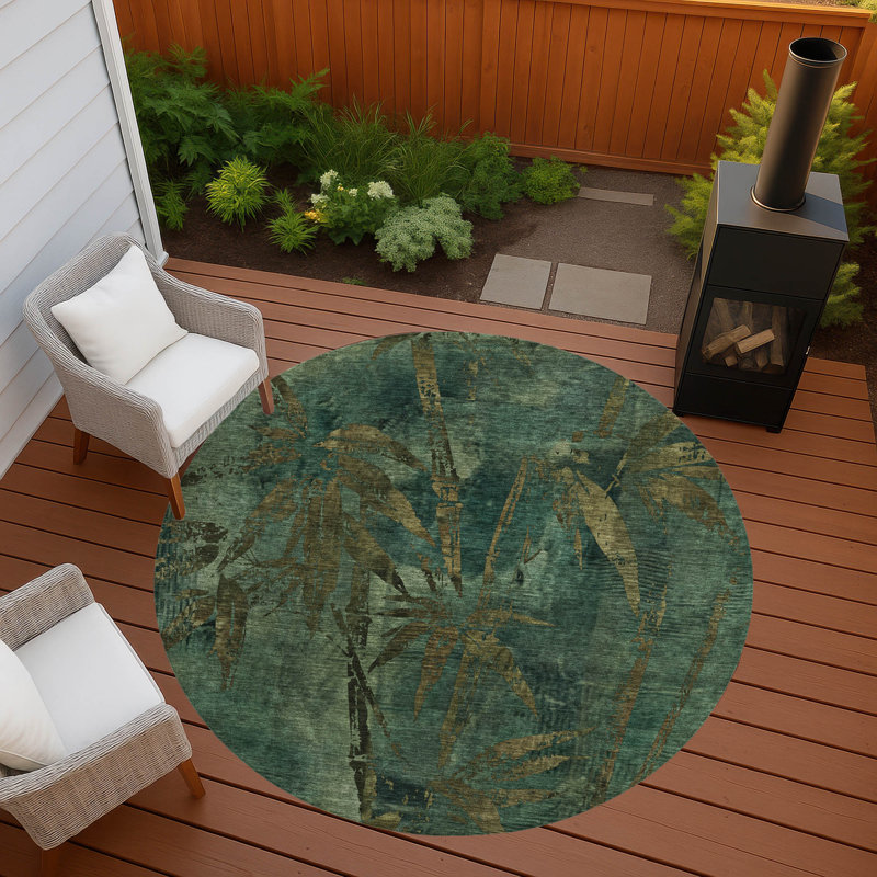 Machine Washable Indoor/Outdoor Lafferty ACN2222 Botanical Rug, Round 8'