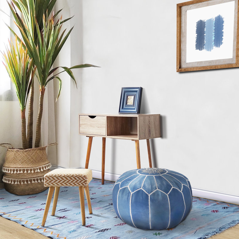 Leather Pouf, Rustic Blue Genuine Leather