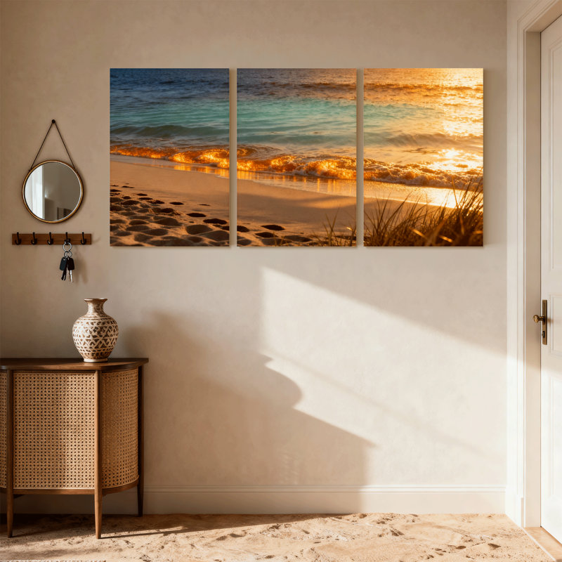 Plage, coucher de soleil, vagues de sable, empreintes de sable, lumière dorée, ensemble de 3 impressions sur toile