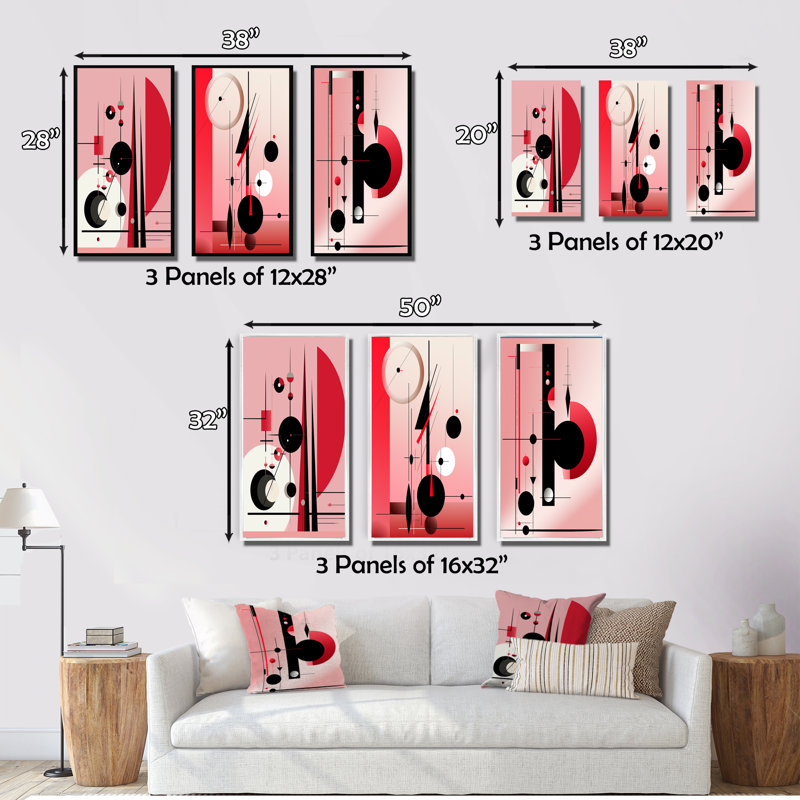 "Oracle circulaire géométrique en noir et rose", 3 pièces sur toile, Toile tendue, H 32 po x l 48 po