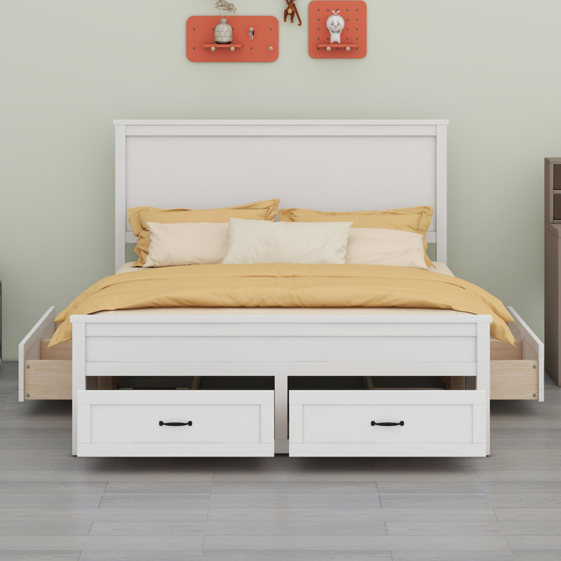 Base de lit en bois avec tiroirs, Blanc
