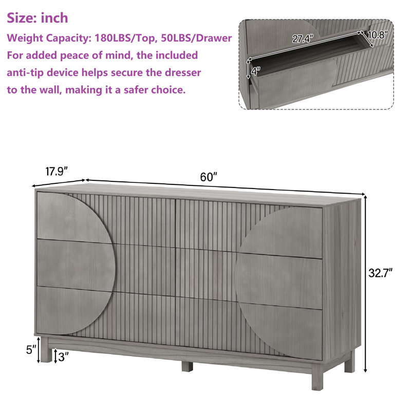 Elegant Design 60"W 6 Drawer Dresser, Brown