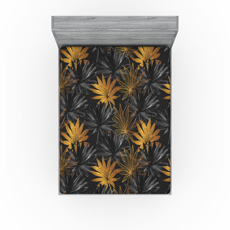 Drap-housse à motif floral Ambesonne, Jaune souci / motif floral gris foncé, Drap-housse très grand californien