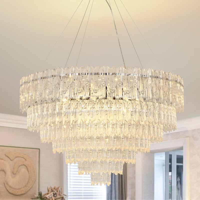 Crystal & Glass Pendant, Height-Adjustable, Sloped-Ceiling Ready, 48cm H × 75cm W × 75cm D, 6 Tiers, 17 Lights