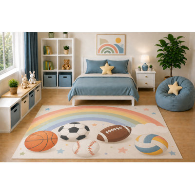 5' x 7' Kids Area Rug Pastel Rainbow Sports Balls Rug Basketball Soccer Football Baseball Volleyball Nursery Bedroom Playroom Decor Non-Slip Silicone Backing Low Pile