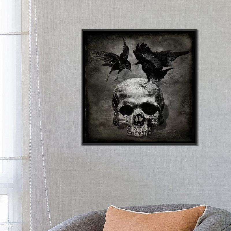 «Skull with Crows», impression sur toile, H 26 po x l 26 po x P 1,5 po, Toile avec cadre noir, Pas de tapis