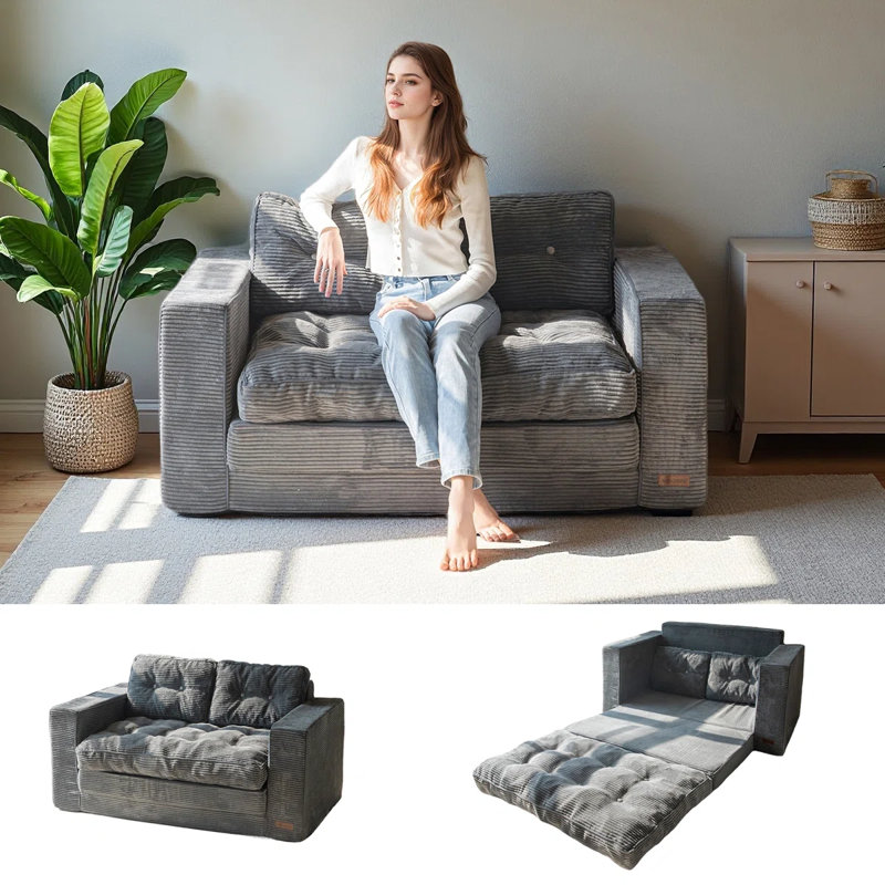 Canapé Bean Bag, causeuse de plancher, Velours côtelé gris foncé, H 29,5 po x l 74,8 po x P 33,5 po