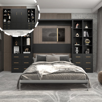 Modern Murphy Bed,Murphy Bed with Storage Shelves and Drawers,Wall Bed frame with Automatic Leg for Bedroom Apartment
