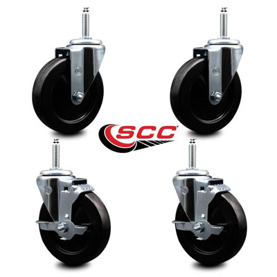 Rubber Wheel Swivel 5/8 Inch Threaded Stem Caster Set 2 Brakes SCC