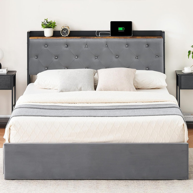 Cadre de lit, cadre de lit plateforme tapissier avec 4 tiroirs, tête de lit avec rangement, support de lattes en bois, cadre de lit en métal avec station de charge, aucun sommier nécessaire, gris
