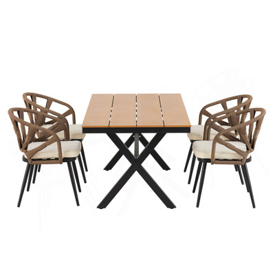 Contemporary Outdoor Set With PE Rattan Chairs And Plastic Wood Table,Suitable For Gardens And Lawns