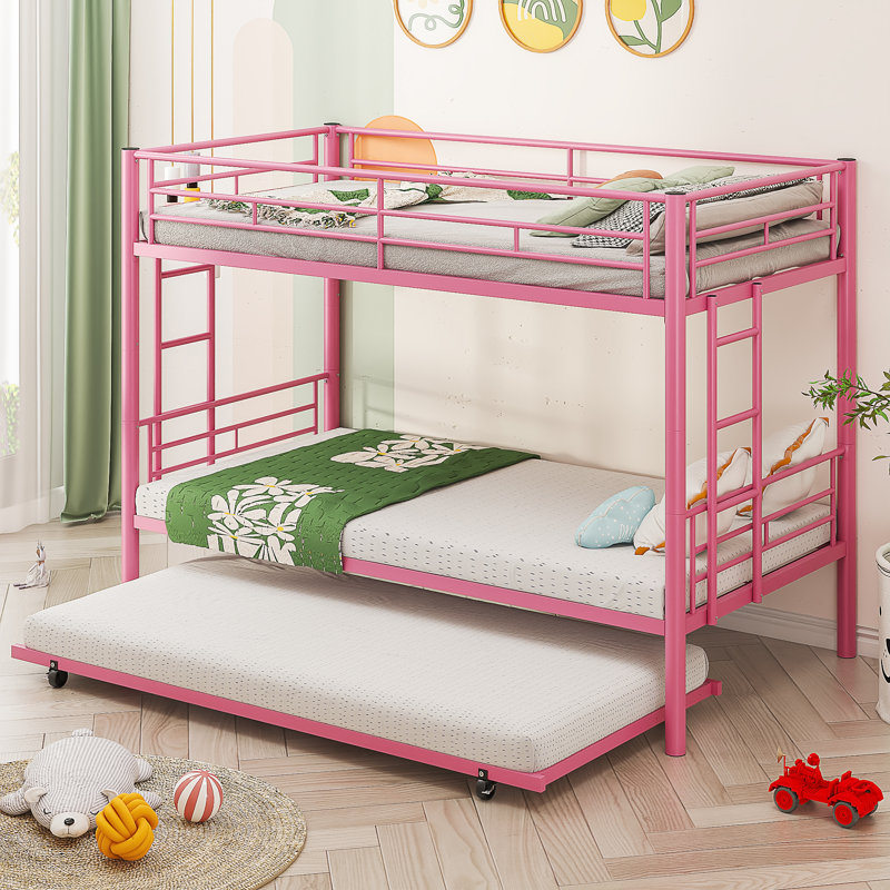 Lit superposé simple au-dessus de simple avec lit gigogne, rail de sécurité et échelle Aafke, Rose
