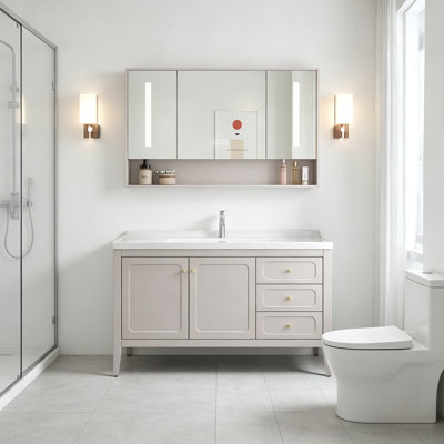 Cream‑Style Floor‑Standing Rubber Wood Bathroom Vanity Set with Ceramic Basin and LED Light Mirror Cabinet