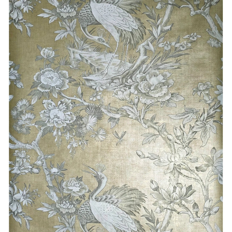 Gold Foil Metallic Gray Chinoiserie Blooming Peonies Branches Cranes Wallpaper, Twilight