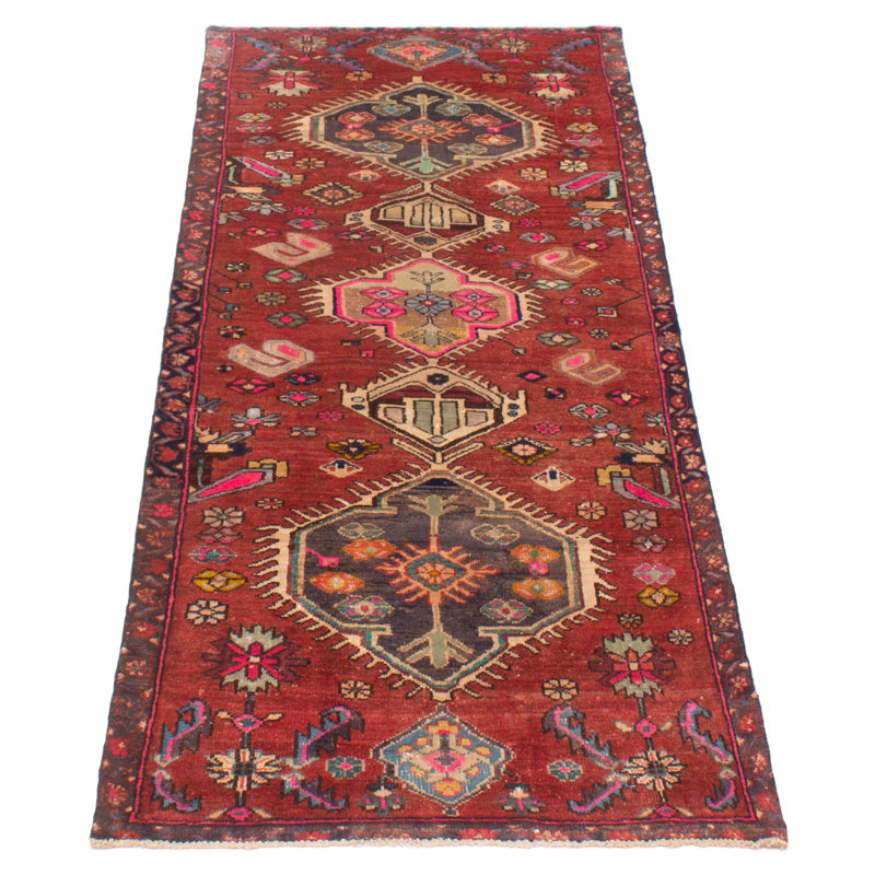 Tapis de couloir unique en laine noué à la main de style années 2000 de 3 pi 8 po x 9 pi 5 po rouge Aijha