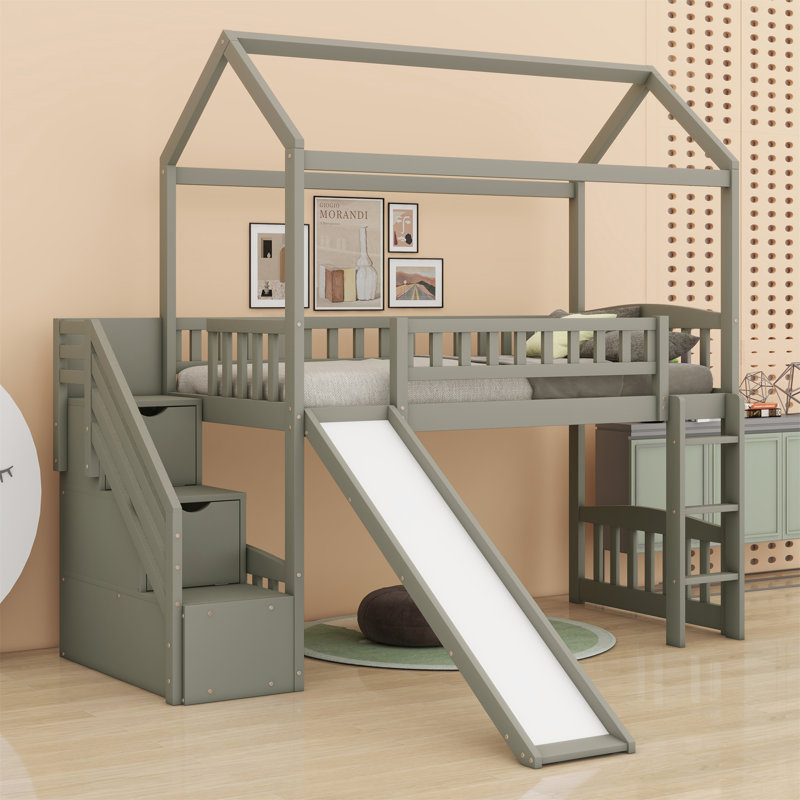 Lit mezzanine avec deux tiroirs et glissade, Gris