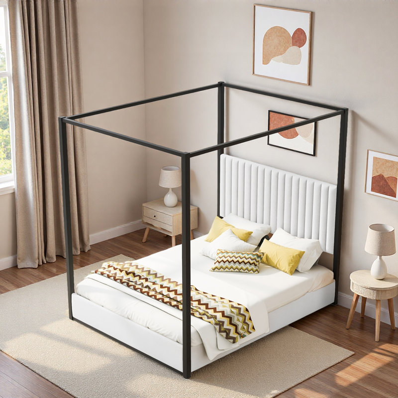 Grand lit à baldaquin tapissier avec tête de lit, structure en métal et finition en velours - lit plateforme moderne, blanc