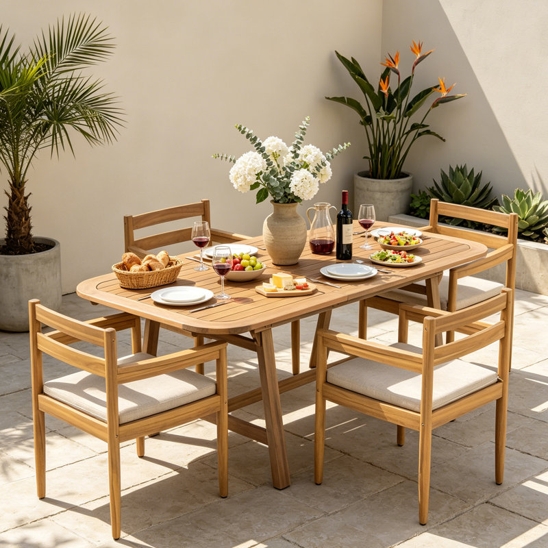 Ensemble repas de patio en bois d'acacia rustique avec table extensible et coussins Lynx, 4