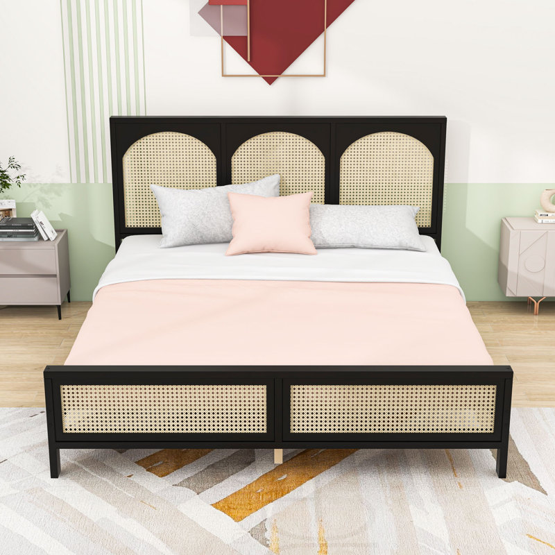 Lit plateforme en bois avec tête de lit et lattes, Très grand lit, Noir / Beige