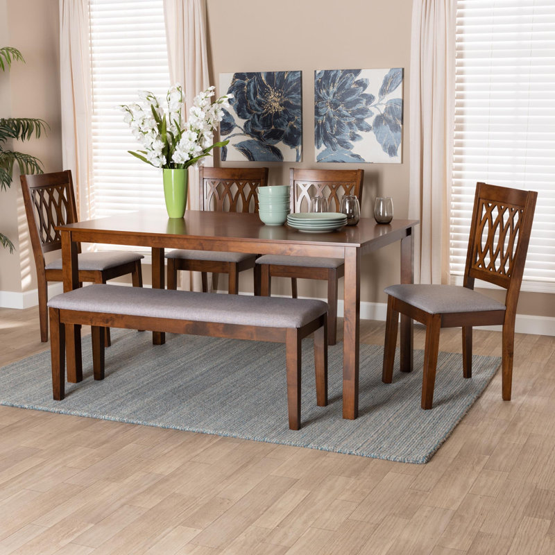 6 - Person Four Leg Dining Set,  Walnut Brown,  Walnut Brown/Gray