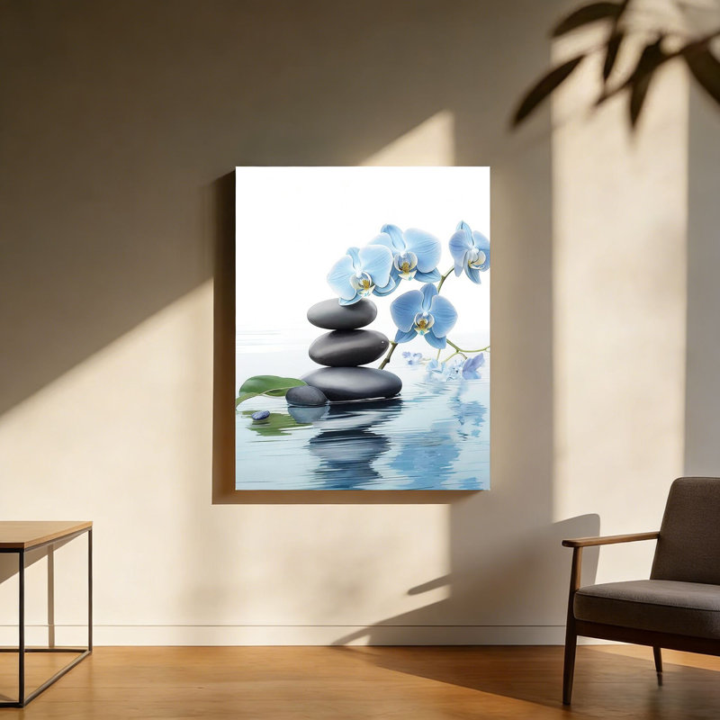 «Blue Orchid Flowers and Zen Stones on Water», art mural en bois à l'arrière 20 po x 30 po
