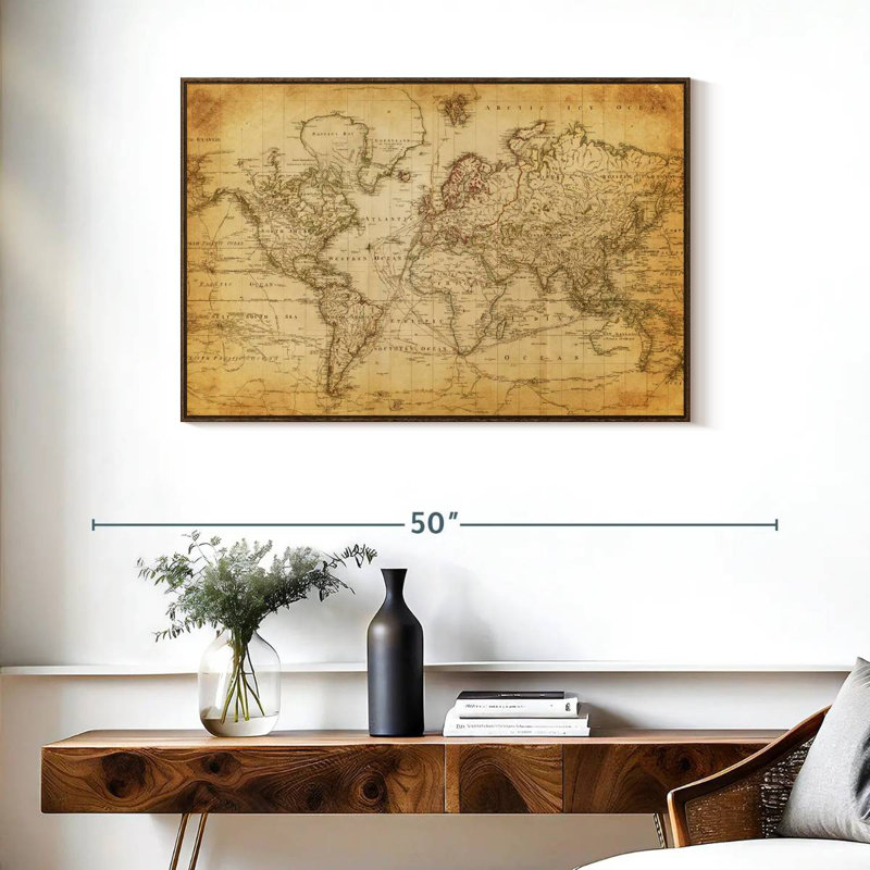Carte du monde de l'Ancien siècle, 37 po x 25 po, Cadre flottant en noyer