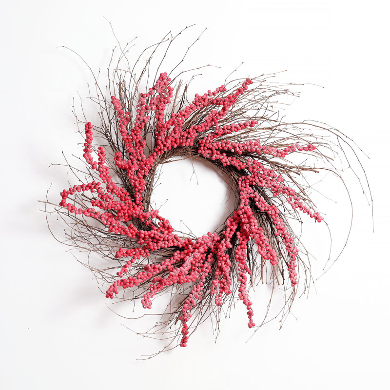 Couronne de bouleau en soie et baies, Rouge, H 24 po x l 24 po x P 6 po