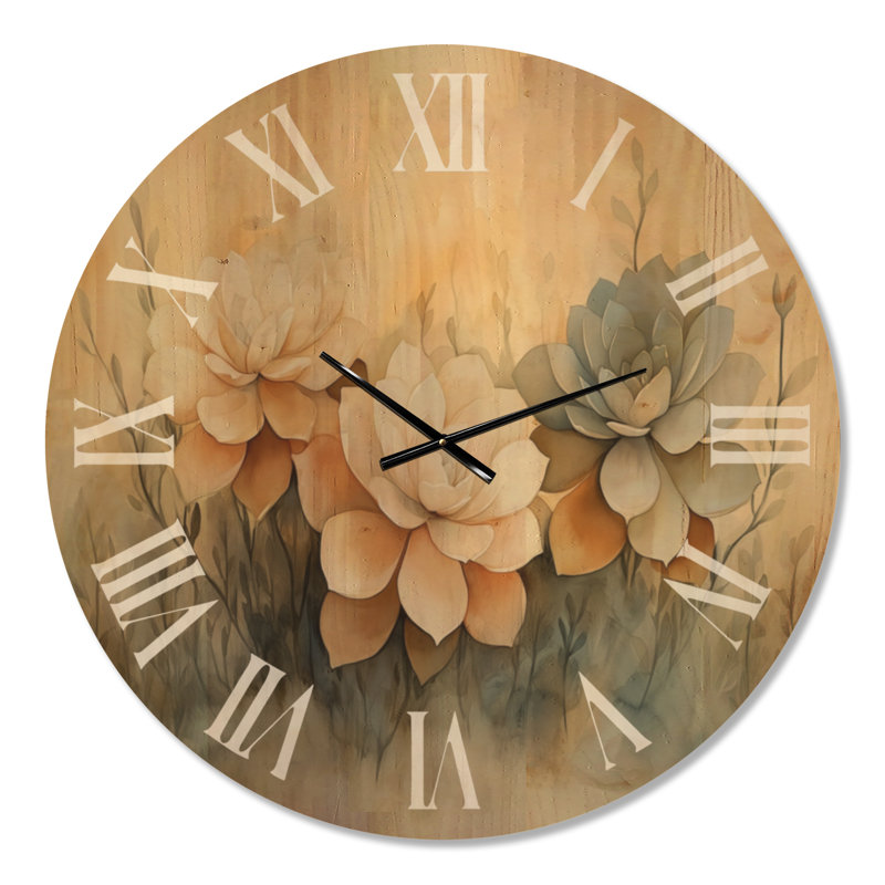 Horloge murale ronde en bois de style bohème, ornée de succulentes dorées, Très grand