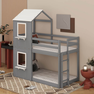 Twin Over Twin Bunk Bed Wood Bed With Roof, Window And Guardrail