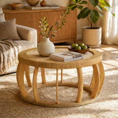 35.43"Vintage Rattan Solid Wood Round Coffee Table