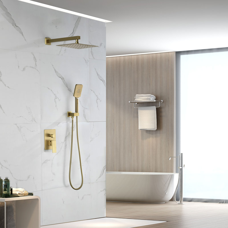Système de douche complet carré 10 po avec valve brute et douche à main, Or brossé