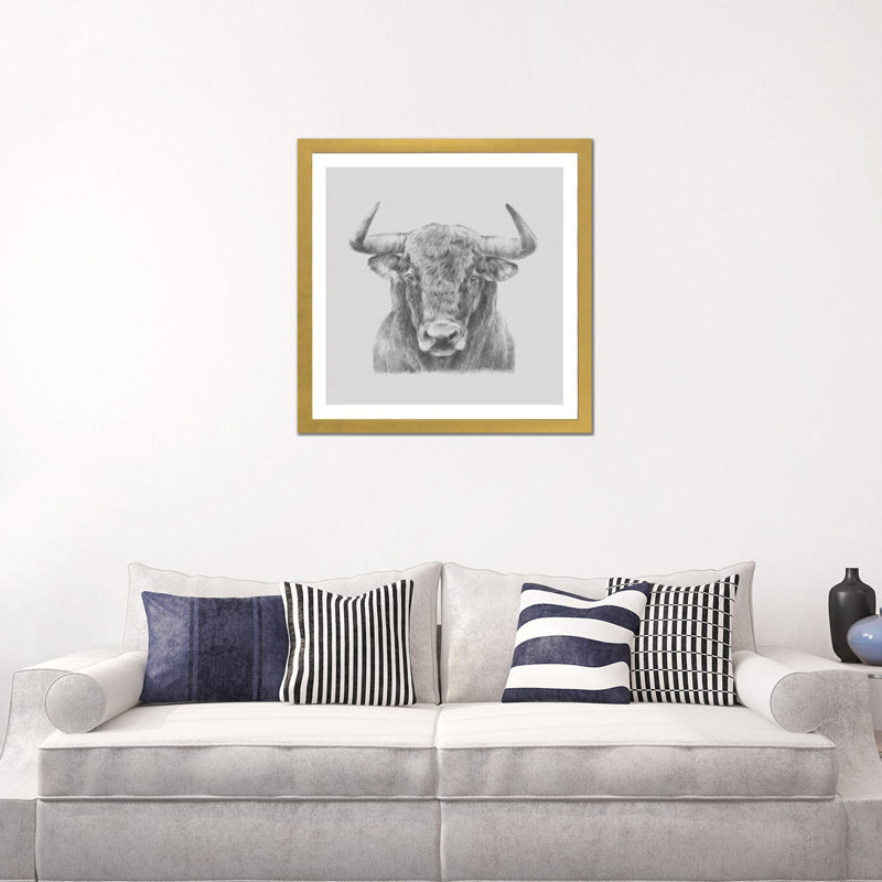« Black & White Bull » par Ethan Harper, reproduction d’art sur toile, H 24 po x l 24 po x p 1 po, Blanc, Papier encadré doré