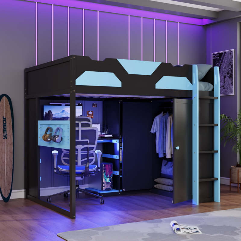 Full Size Wood Loft Bed with Desk, Multi-storage Shelves,USB and RGB Light, Cloud Blue, Blue